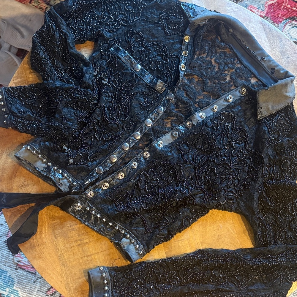 Toxic Vision vintage beat up beaded Black Lace top blouse collar shirt OOAK